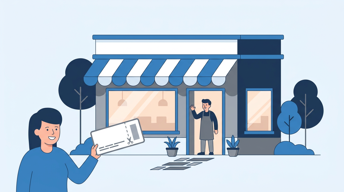 Illustration of a customer holding a coupon in front of a small restaurant storefront